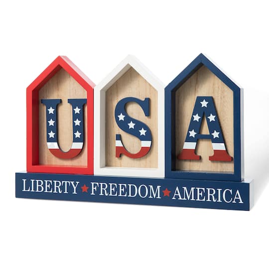 Glitzhome&#xAE; 13&#x22; Liberty, Freedom, America House-Shaped Tabletop D&#xE9;cor